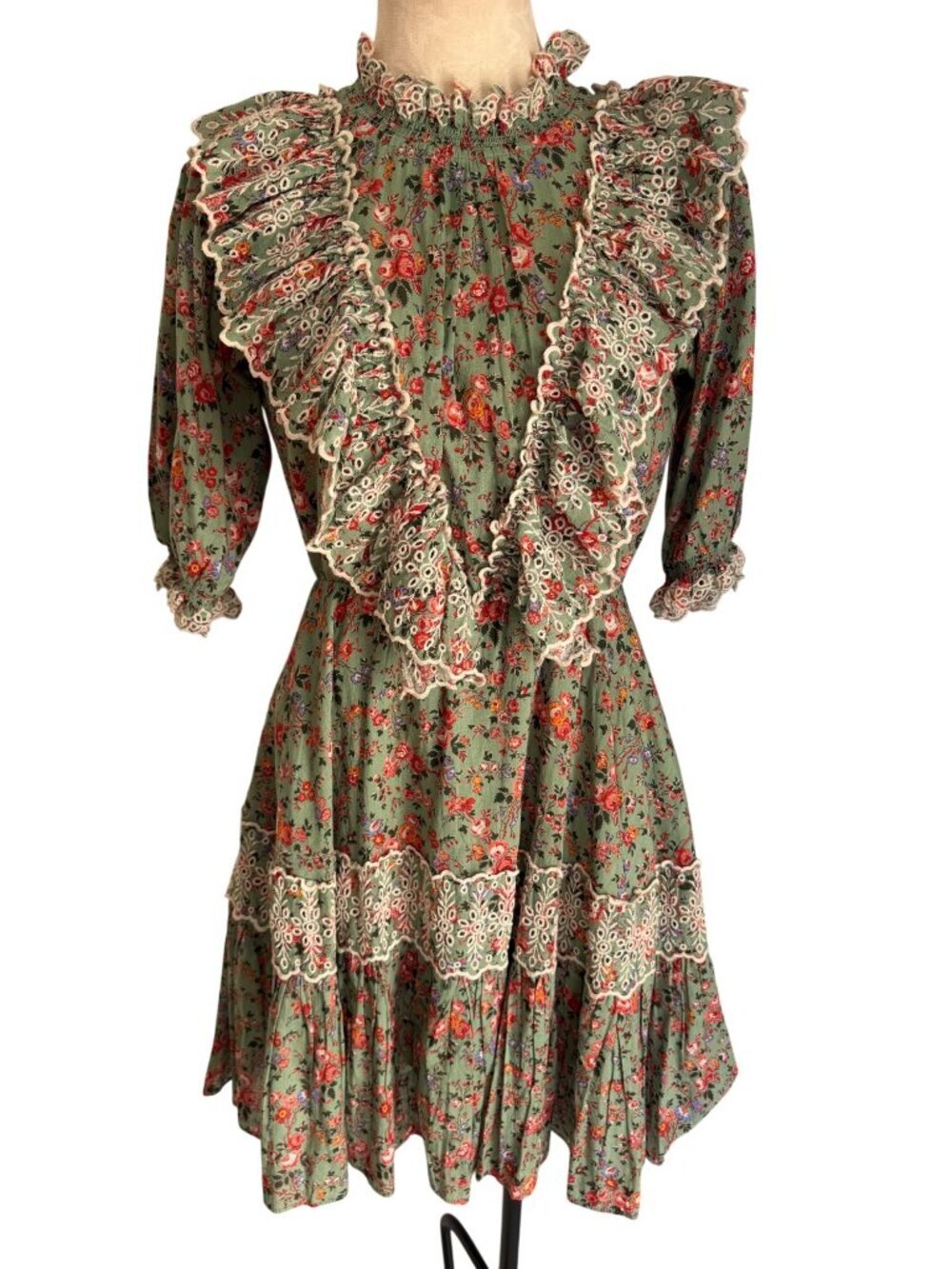 byTimo Womens Eyelet Lace Trim Ruffle Bodice Floral Mini Dress Size M Green Boho - Picture 8 of 10
